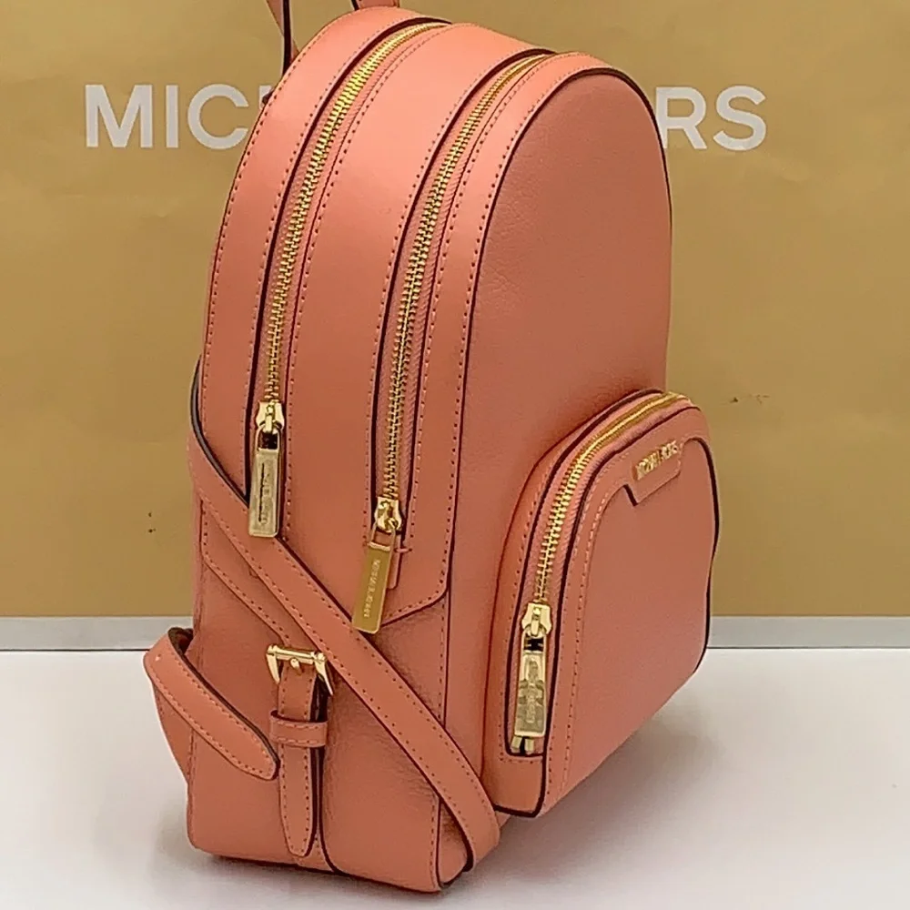 MICHAEL KORS Jaycee Medium zip pocket Pebbled Leather Backpack Sherbert color